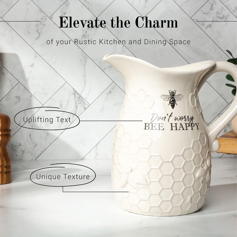Young's Inc. Ceramic Water Pitcher - Large Serving Pitcher for Iced Tea, Coffee, and Cold Drinks - Ideal for Family Gatherings, Dinner Parties, and Brunches - 9" x 9" x 10" - Don't Worry Bee Happy - Image 3